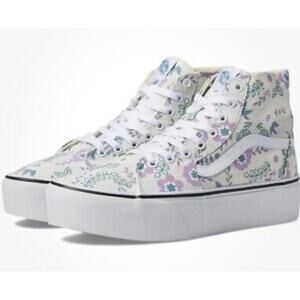 Vans Sk8 Hi Canvas Shoe 7.5 Womens Floral Flower White Sneakers High Top